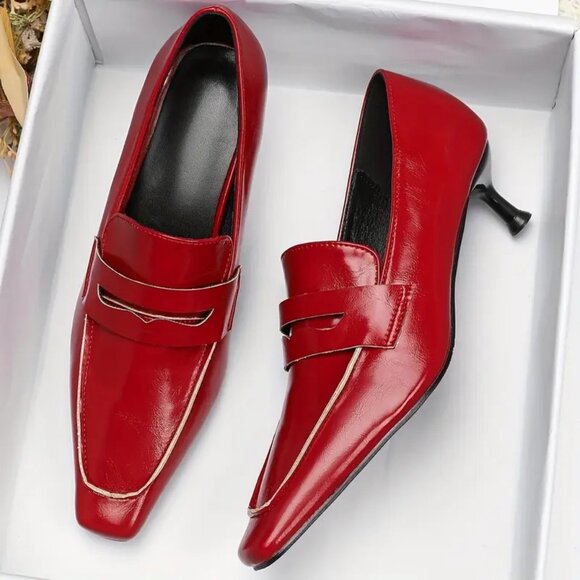 Red Square Toe Kitten Heel Pumps Shoes 9.5 - Picture 2 of 4